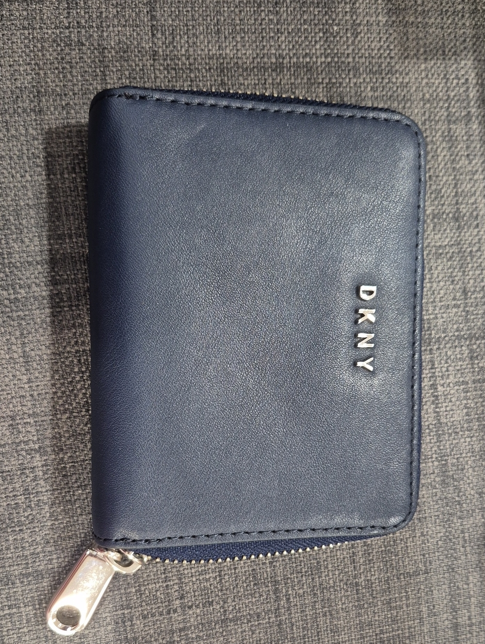 DKNY Navy Leather Zip Card Holder with Silver Hardware